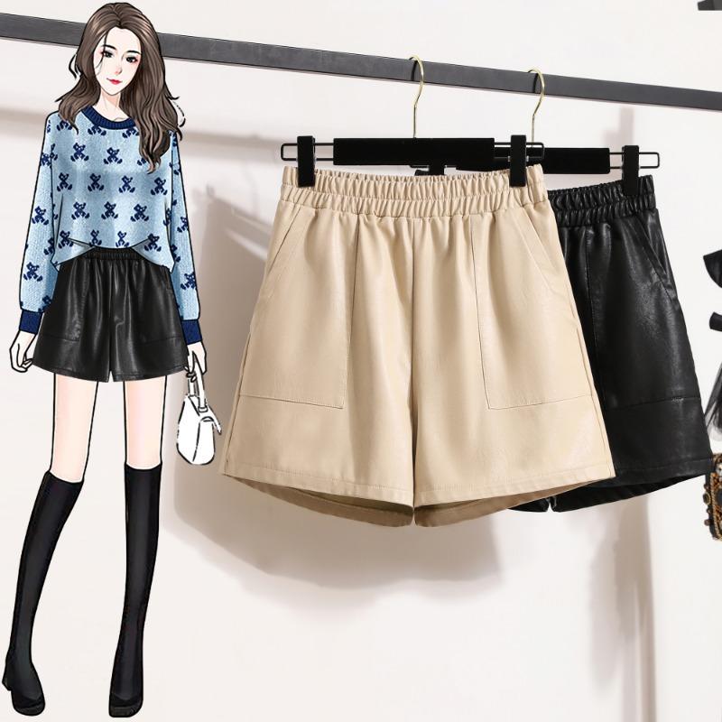 DIMANAF 2024 Übergröße Herbst Winter Shorts Damen Lässig Neu PU Leder Uni Locker Weitbein Hose Hohe Taille Kurze Hose