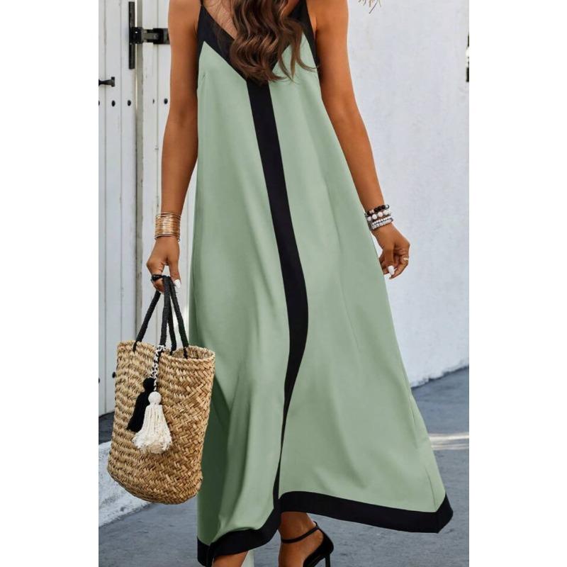 VEZFAA Women's Fashion Summer Spring Colour Block Print Sleeveless V-Neck Loose Waistline Casual Dresses