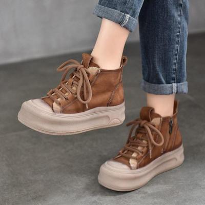 Lace-up Thick Soled Casual Genuine Leather Women's Shoes Cowhide Side Zipper Flat Short Boots