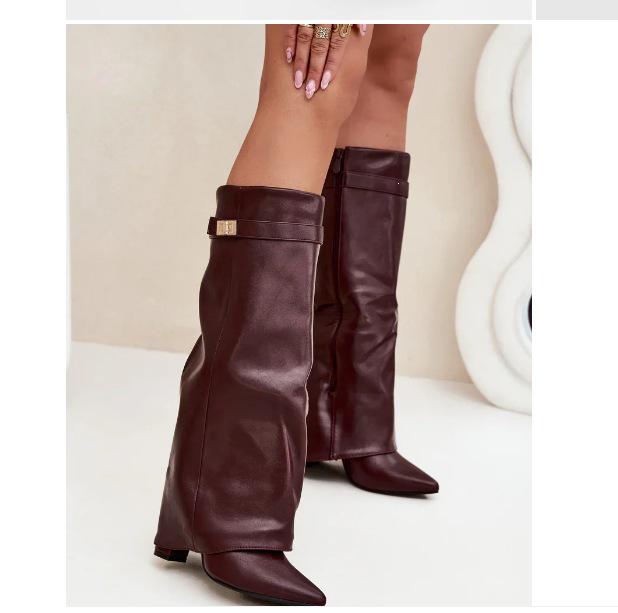 Bottes à talon bloc pointues pour femmes grande taille avec boucle métallique – Mi-longues, Mollets larges