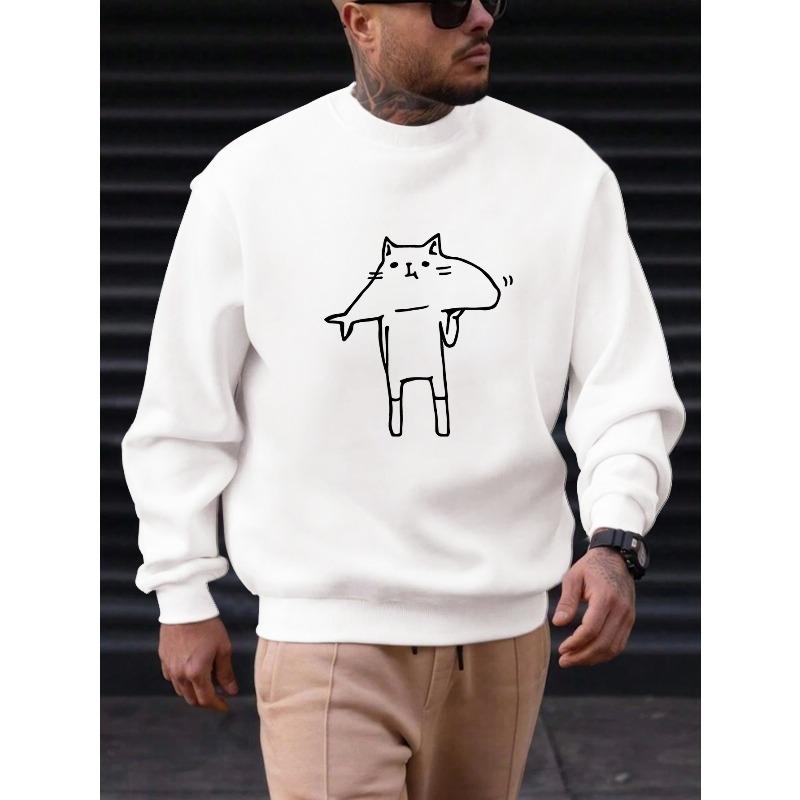 Men's Casual Crew Neck Sweatshirt with Cat Carrying a Fish Pattern