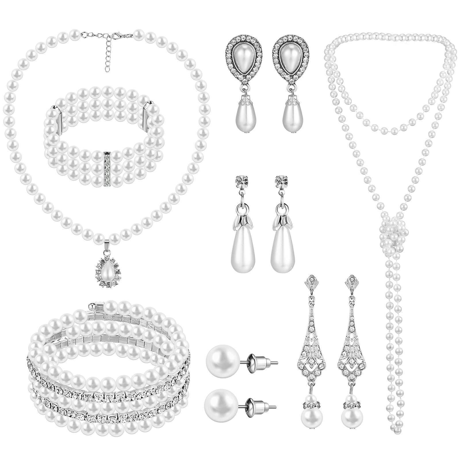 

Vintage Elegance Pearl Chain Necklace and Earring Set , Light Rhinestone Jewelry for Women Daily Commute белый