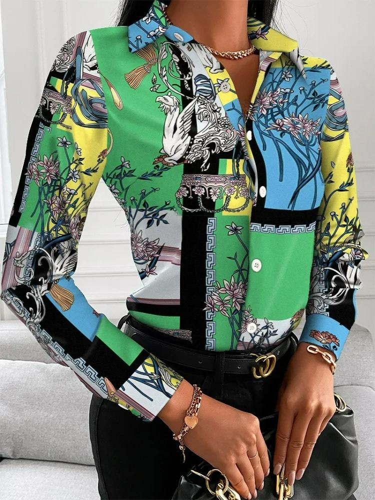 Elegant Blouse Women's Fashion Shirt 2026 Spring/Summer V-Neck Contrast Retro Print Slim Fit Top Office Lady Shirts S-XXXL