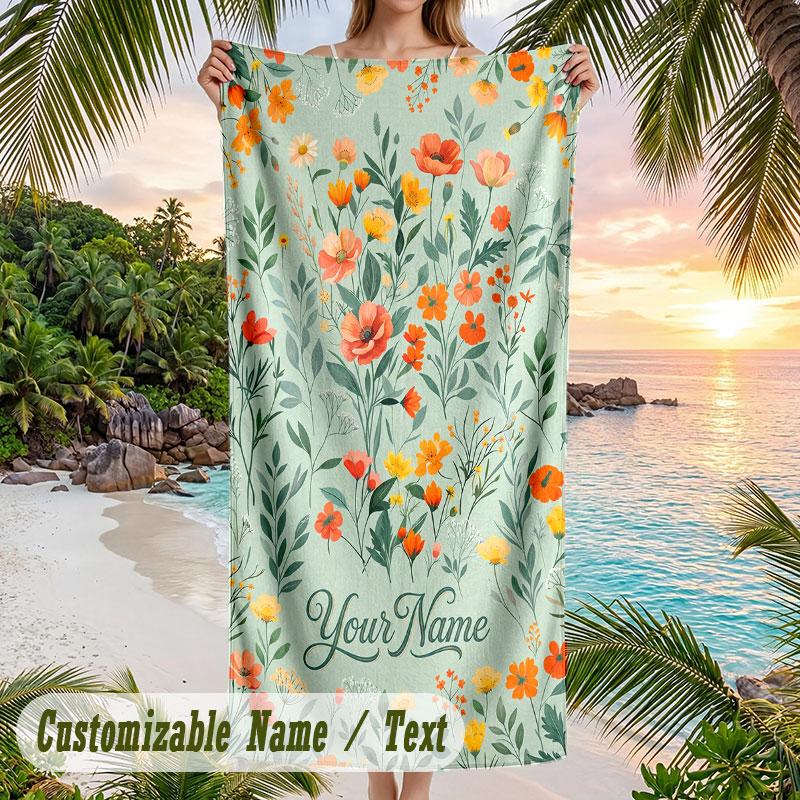 Floral Elegance 11 Theme Quick Dry Beach Towel Custom Name Text Print Large Sand Resistant Towel Beach Vacation