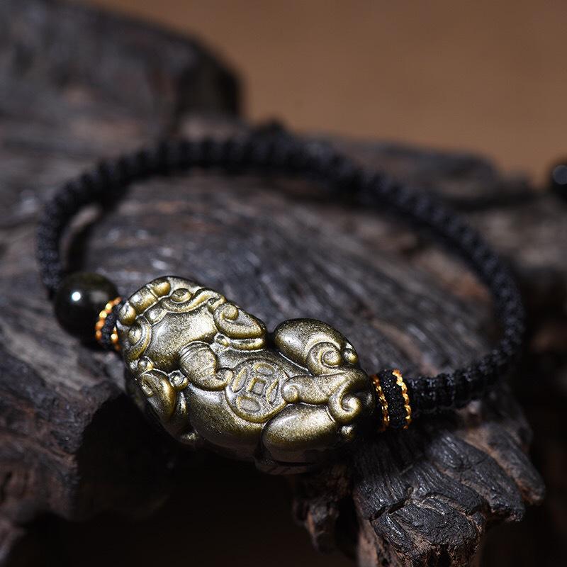 Natural Gold, Silver, and Black Obsidian Pixiu Hand-Woven Bracelet for Men and Women