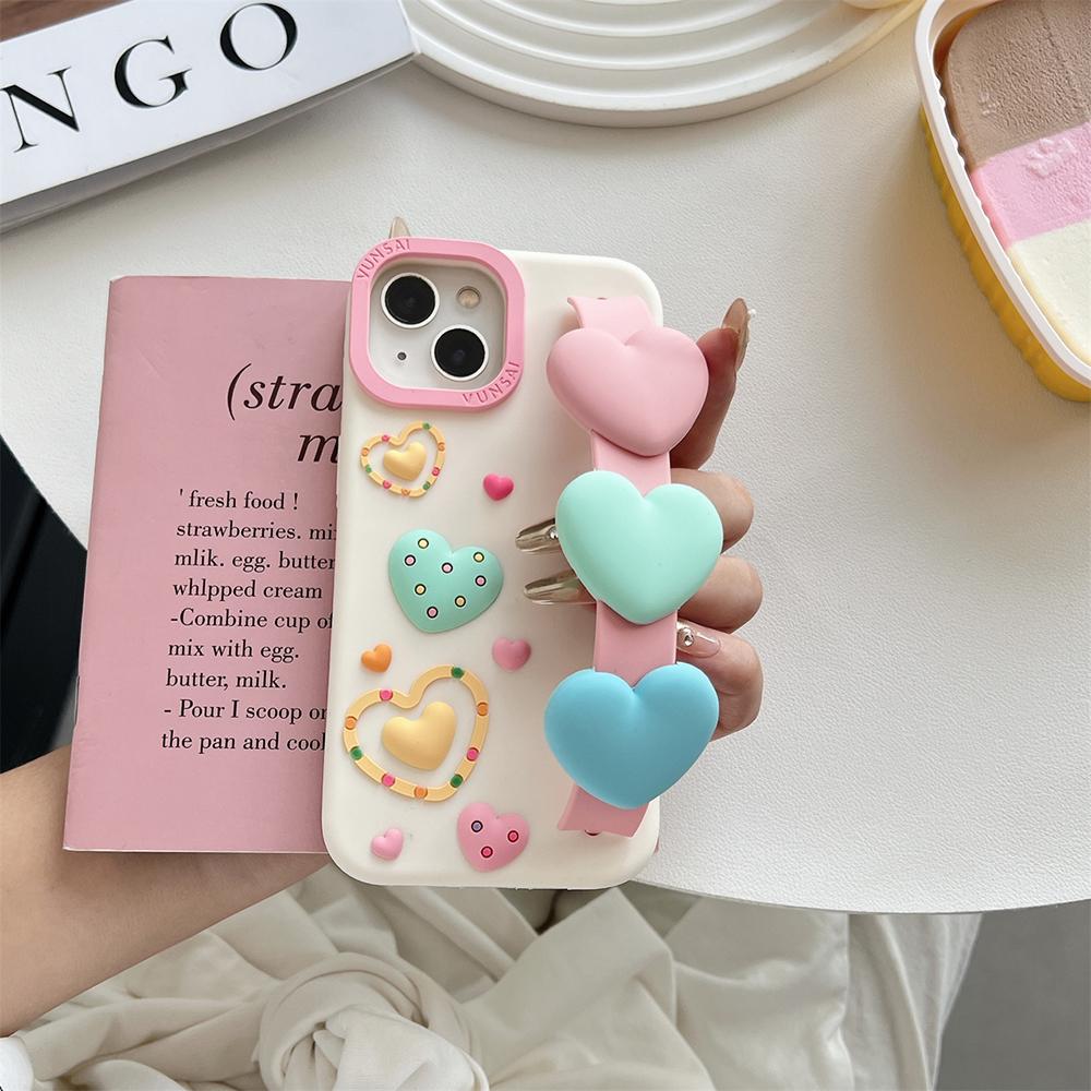 3D Cute Heart Cartoon Love Wristband Wrist Strap Phone Case for iPhone 17 16 15 14 13 Pro Max Soft Shockproof Cover Case
