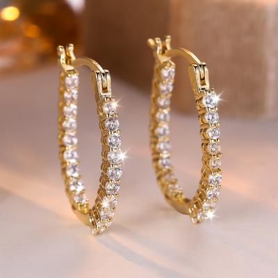 Dazzling Gold Color Oval Shaped Cubic Zirconia Hoop Earrings for Women Wedding Party Accessories Delicate Birthday Gift Statement Jewelry