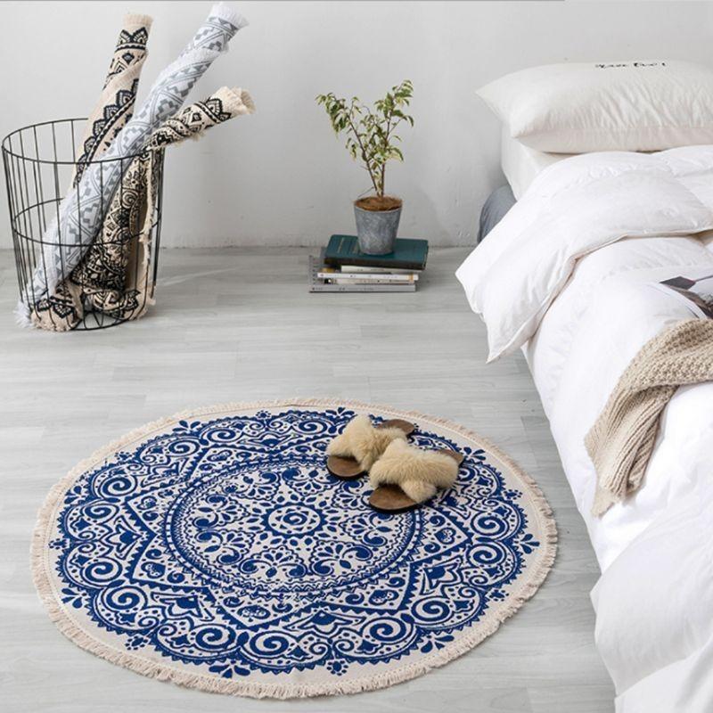 Retro Boho Rund Teppe med Dusk Dør Gulvmatte Bomullslinteppe Home Decor
