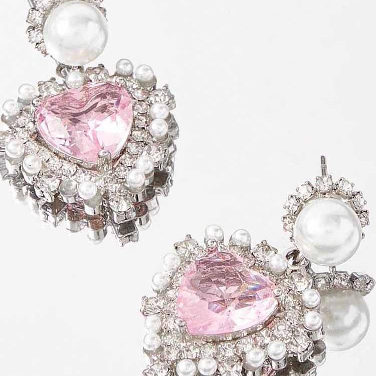 Zirconia Pearl & Pink Diamond Heart Earrings with Yellow Stone for Women розовый