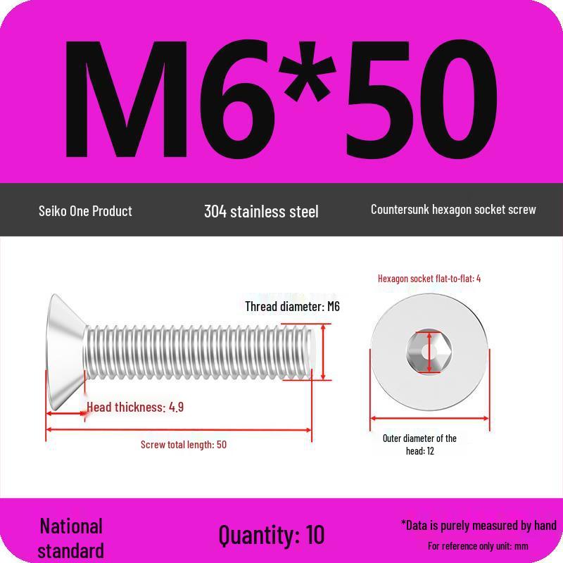 M2-M10 Stainless Steel Flat Head Machine Screws and Bolts Set, Countersunk Hex Socket Cap, 304 Grade.