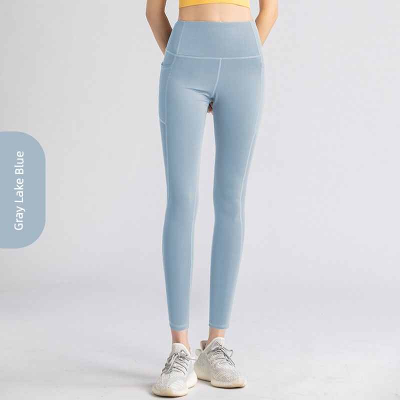Fashion Fitness Pants Women s Peach Hip High Waist Hip Lift Side Pocket Elastic Running Gym Sports Yoga Leggings Gray Lake Blue M