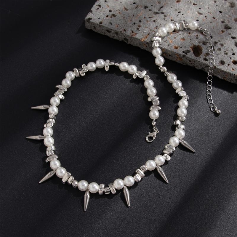 X6HE Versatile Layer Pearls Necklace Stainless Steel Construction Comfortable Fit for Music Festivals Office Occasions