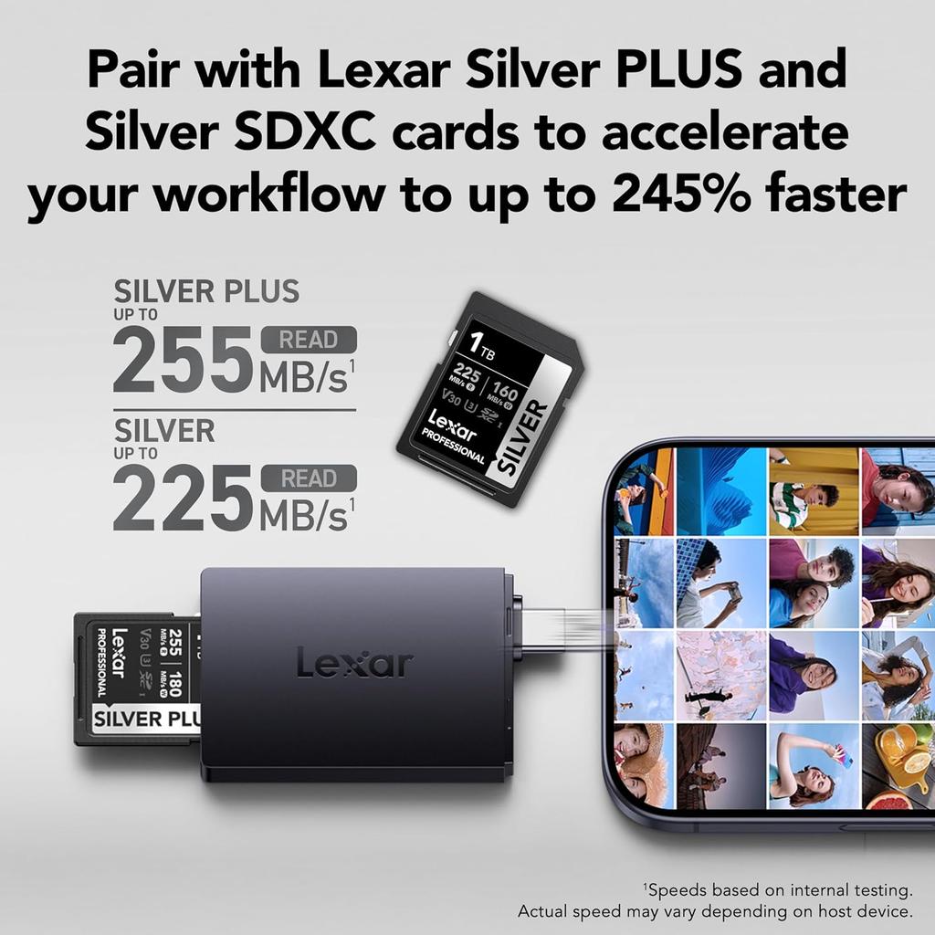 Lexar Dual Slot MicroSD/SD Card Reader Type-A and Type-C,USB 3.2 Gen 1, up to 255MB/s Read, Compatible with Phone Laptop, Desktop