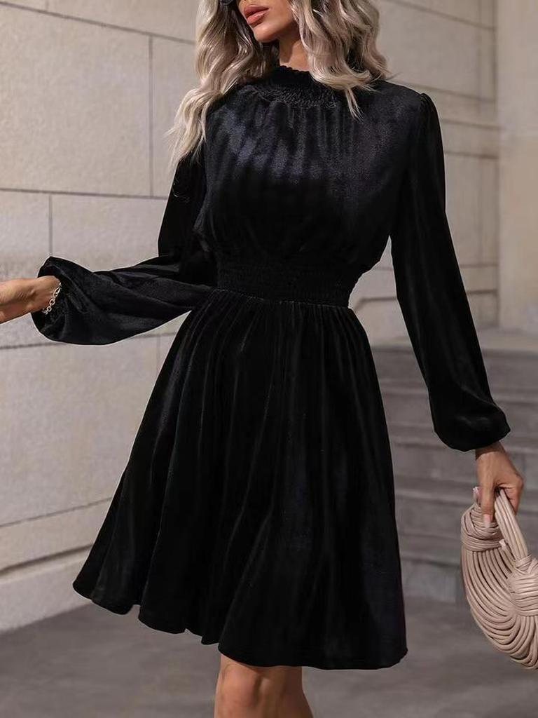 Women's Autumn Winter Fashion Bubble Sleeve Velvet Dress