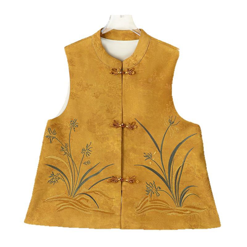 Chinese Style Embroidered Floral Vest for Women - Middle-Aged and Elderly Frog Button Stand Collar Sleeveless Jacket 2026 Style