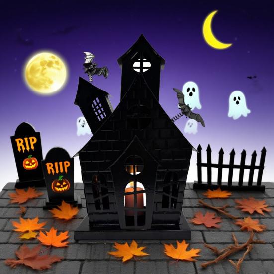Halloween Spukhaus Kerzenhalter Hohl Eisen Teelichthalter Kerzenständer Tischdekoration für Zuhause Büro Schreibtisch