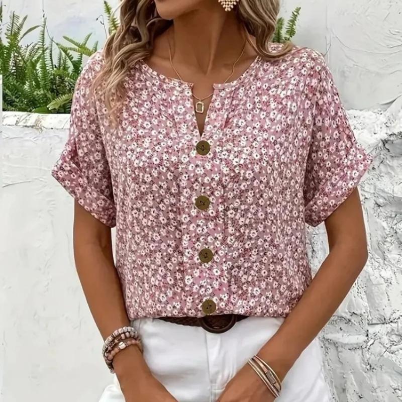 

Plus Size Women s Shirts Spring Summer Fashion Casual Floral Printing V-Neck Short Sleeve Blouses Clothing XS рожевий