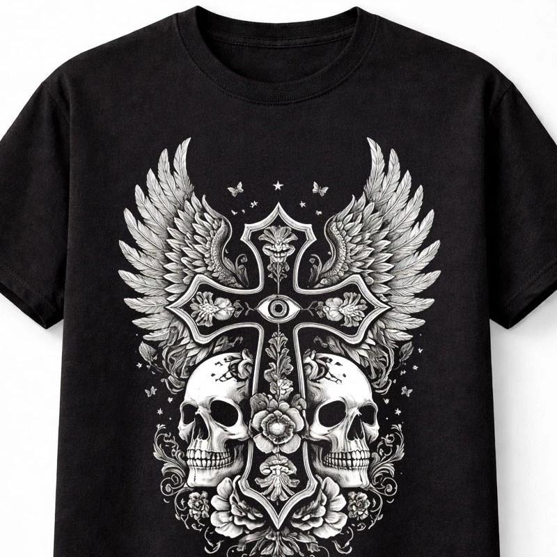 Sacred Wings Skull Gothic Cross Angel Death Graphic T Shirt Unisex S5XL S