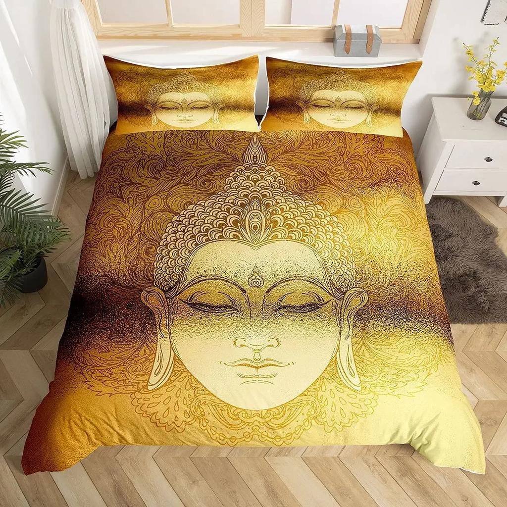 Mandala Buddha Bettbezug-Set, Böhmisches Bettwäsche-Set Goldener Schwarzer Lotusblumen-Druck Luxuriöser Mikrofaser-Polyester-Bettdeckenbezug