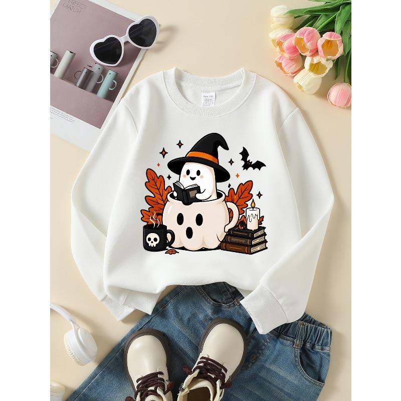 Kids Halloween Long‑Sleeve Crewneck Sweatshirt, Fun Halloween‑Themed Printed,Daily Casual Top for Spring & Autumn