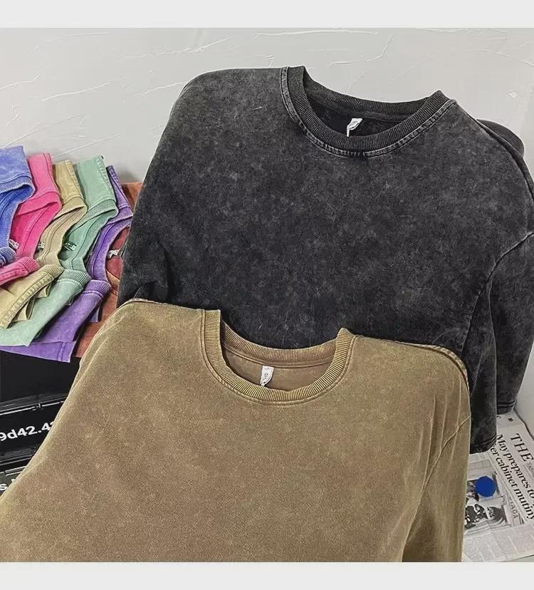 T-shirt pour homme en coton lourd délavé et vieilli, ample style Hong Kong, manches courtes cinq points, marque tendance d'été.