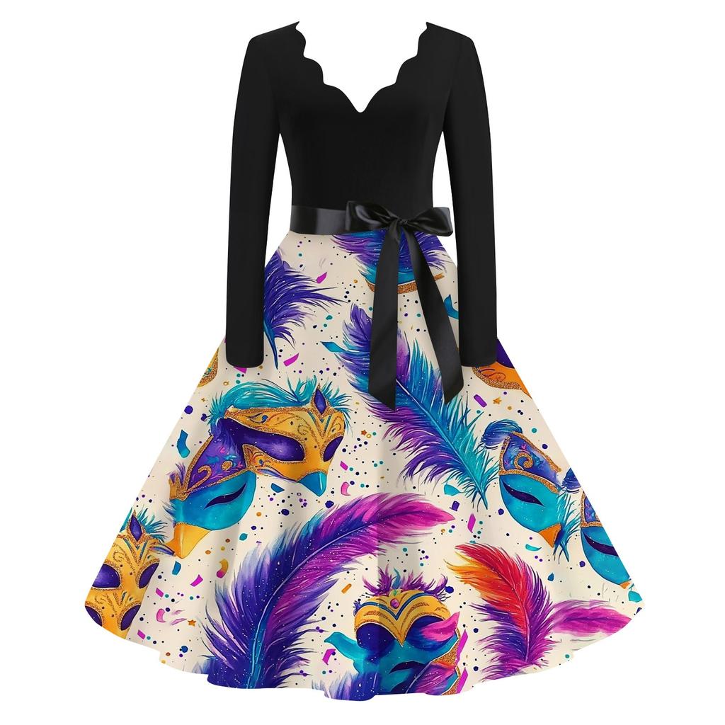 Damen Casual Fashion V-Ausschnitt Langarm Karneval Print Vintage Kleid