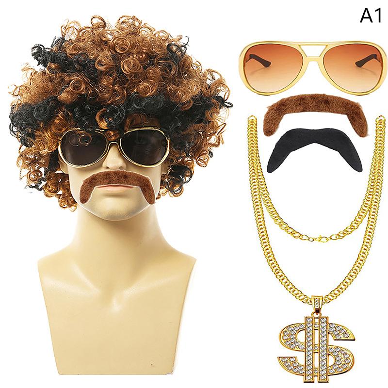 1 Set Men'S Black Short Curly Synthetic Cosplay Wig Gold Brown 70S 80S Disco Mustache Gold Chain Halloween Costume Party Wig