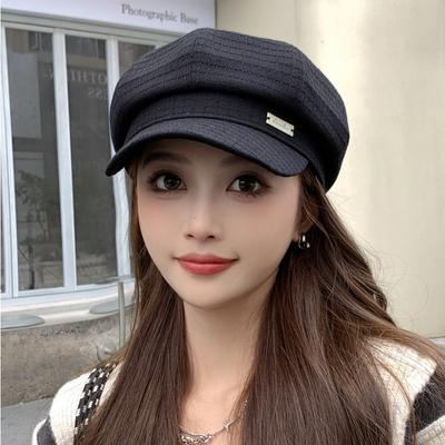 Ins Koreanische version grid strukturierte achteckige hut herbst winter metall logo baskenmütze künstlerische casual einfache newsboy hut