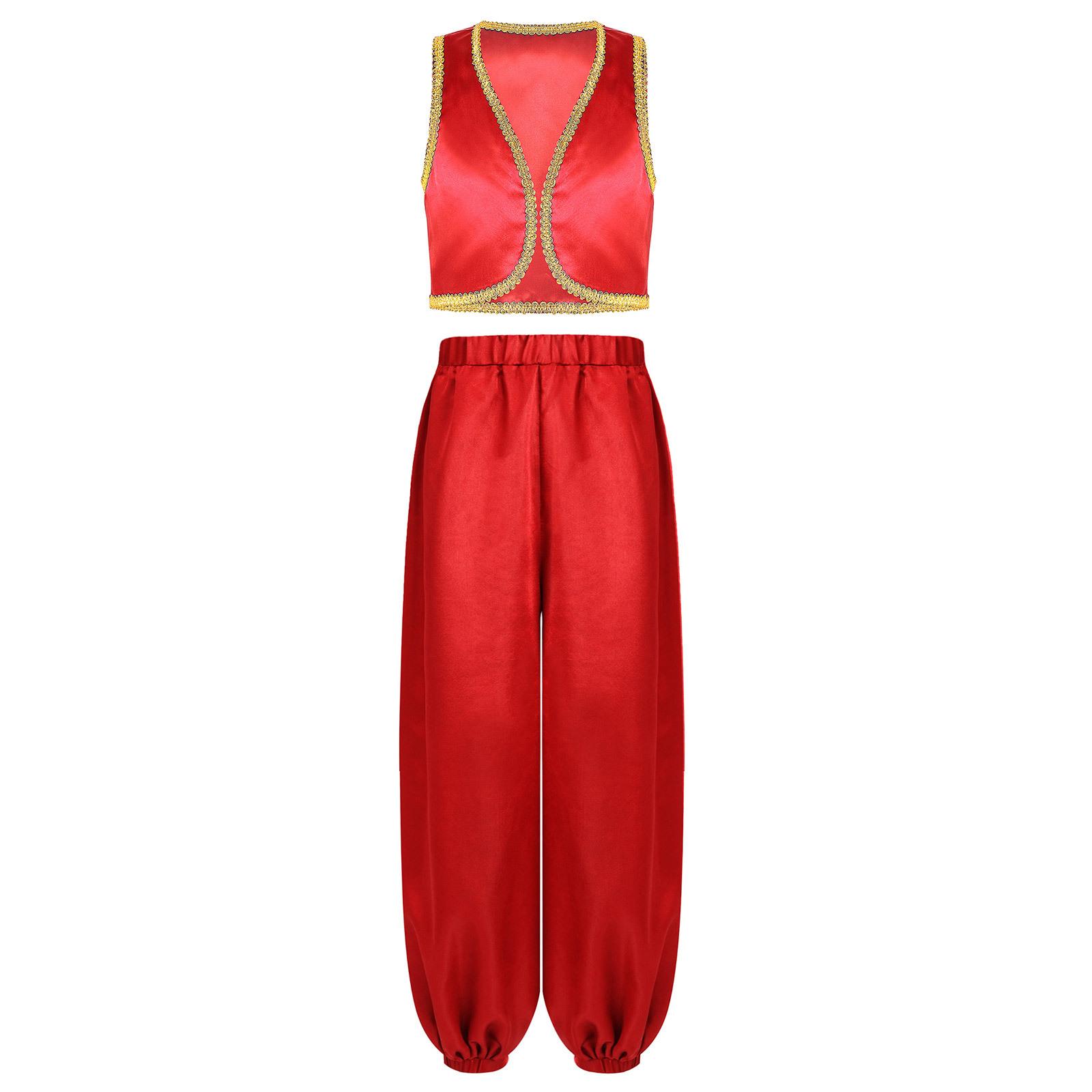 

Boys Arabian Prince Costume Open Front Vest and Satin Bloomers Pants Set Halloween Theme Party Outfit 5-6 Years червоний