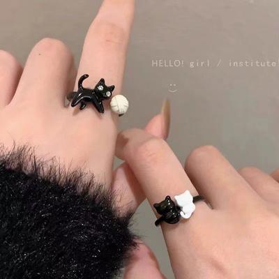 Cartoon Funny Black and White Cat Cute Ring Niche Girlfriend Ring Opening Childlike Cute Simple Index Finger Ring