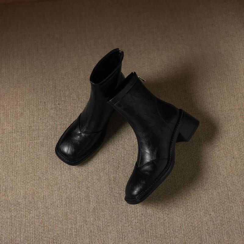 New Women's Leather Plus Size Women's Boots Rubber Sole Middle Heel Comfortable Rear Zipper Middle Tube Boots Autumn and Winter Martin Boots Women's