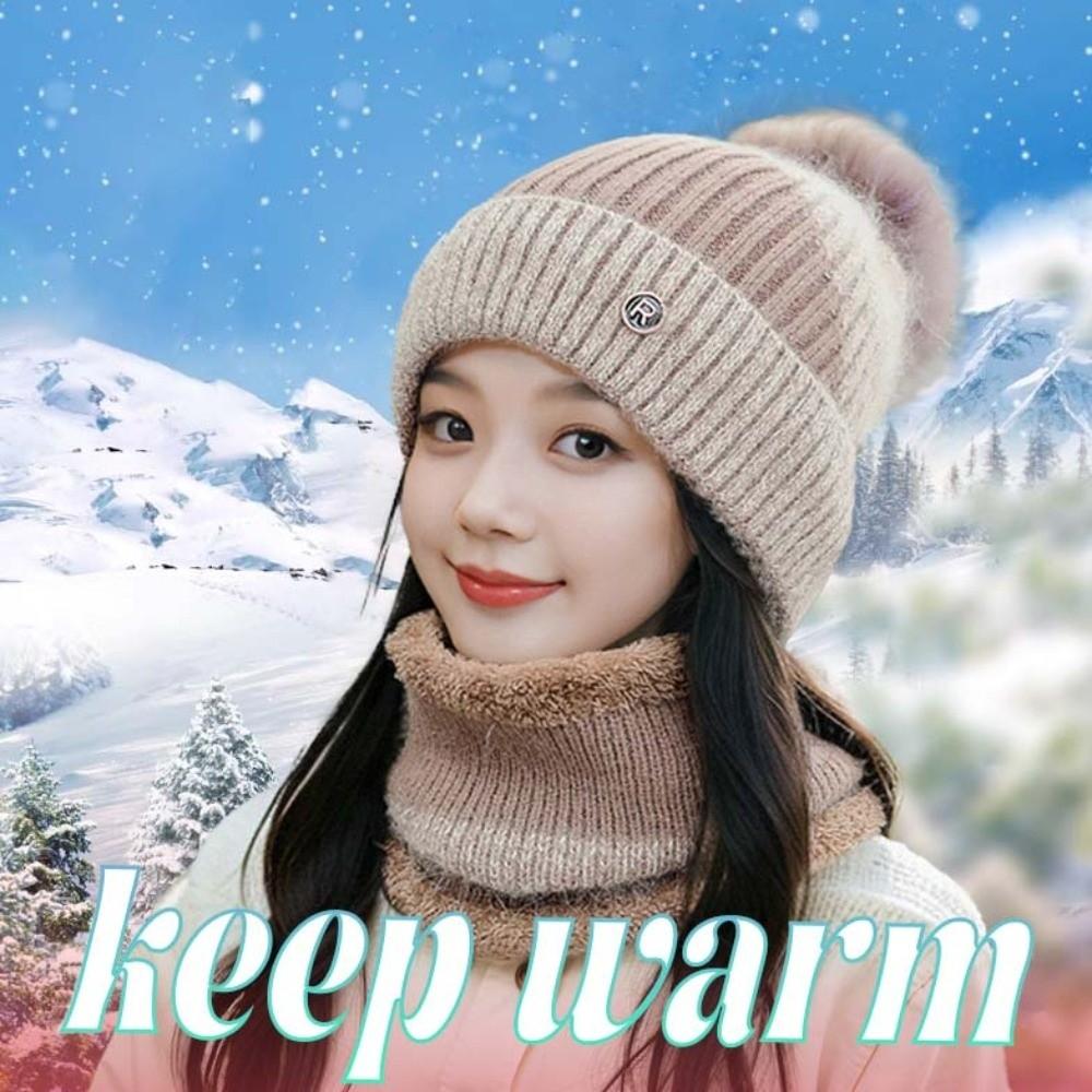 Elastic Winter Pullover Cap Plush Ball Beanie Hat Dome Hat Cap and Scarf Suit  Gifts