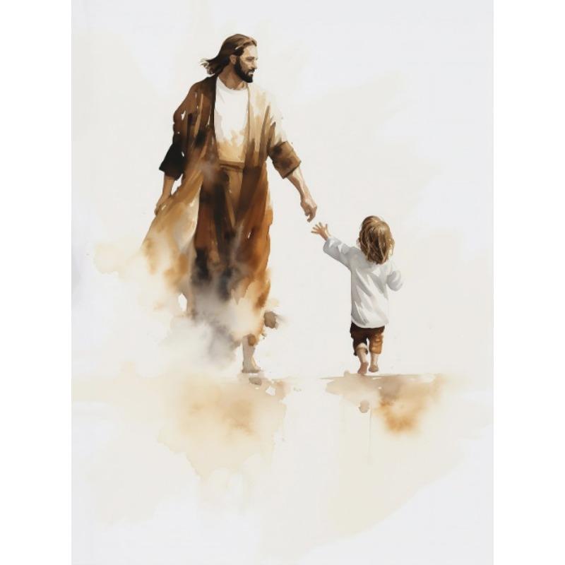 Jesus og Barn Kristus med Gutt Jesus Portrett Kristus Barnehage Akvareller Plakat Lerret Maleri Veggbilder Hjemmeinnredning