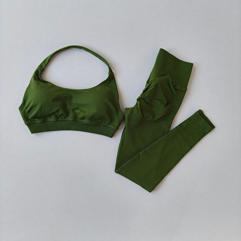 and American Seamless Halter Neck Beauty Back Push-Up Sports Bra and High-Waisted Tight-Fitting Butt-Lifting Fitness Pants Two-Piece Set for Women