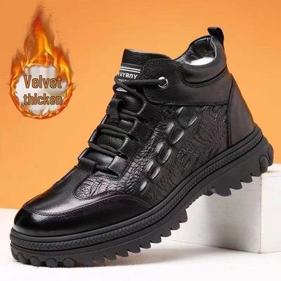 Herren High-Top Lederstiefel: Warm, Trendig, Dicksohlig, Zum Schnüren, Samtgefüttert für Lässige Herbst- und Winterkleidung.