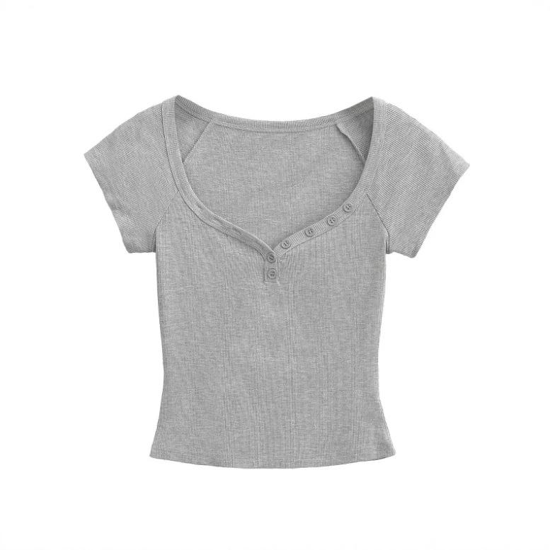 Summer New Female Spice Girls Solid Color V-neck Short-sleeved T-shirt Pure Desire Wind Slim Waist Elastic Tight Short Top