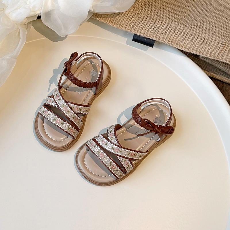

Girls Sandals Weave Sweet Bows Embroidery Kids Beach Shoes Non-slip Soft Sole 2025 New Girls Princess Shoes for Summer Ins Trend 22 коричневый