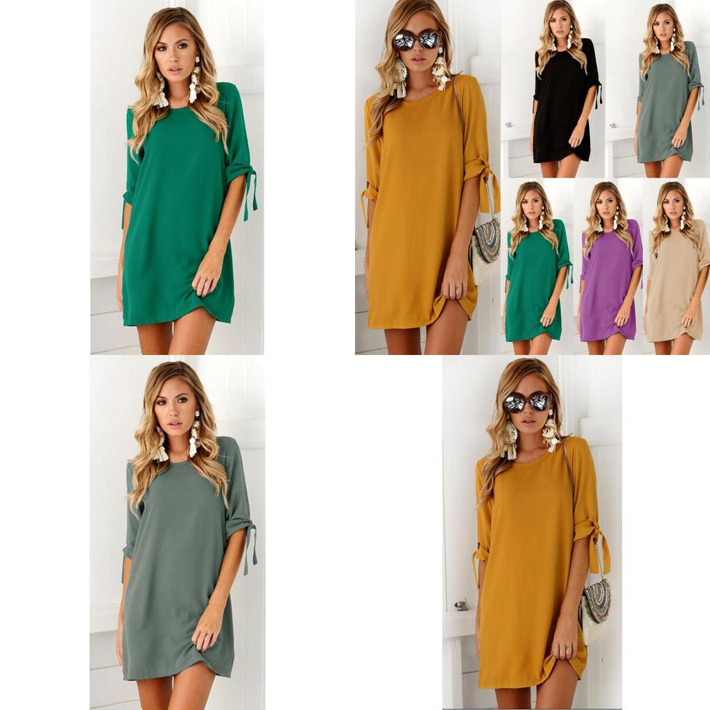Stijlvolle Damesmode Jurk met Korte Mouwen en Ronde Hals in Effen Kleur voor Zomerse Gelegenheden