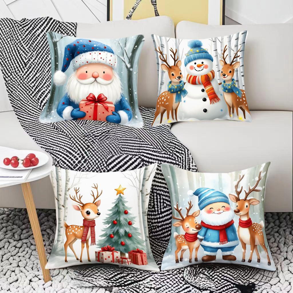 Χριστουγεννιάτικο Θέμα Κάλυμμα Μαξιλαριού Καναπέ Αυτοκινήτου Άγιος Βασίλης Άλκης Λινό Βελούδινο Κάλυμμα Μαξιλαριού με Εκτύπωση