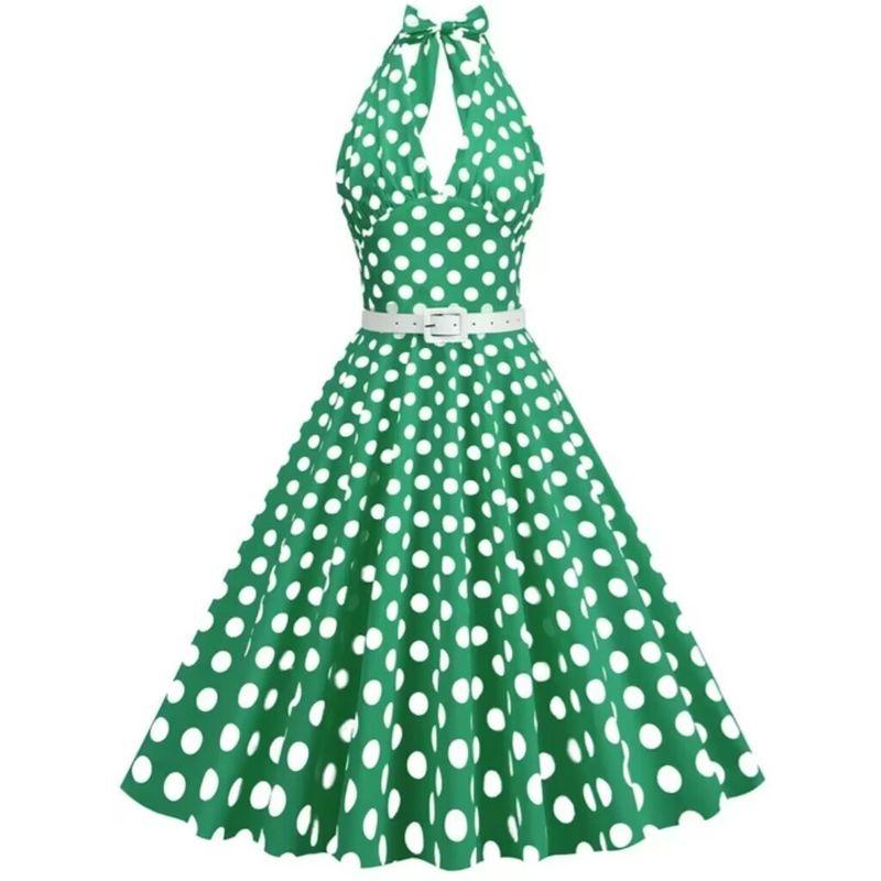 

Dress V-Collar Polka Dot Slim Fit A- line Large Hem Halter Green 2XL