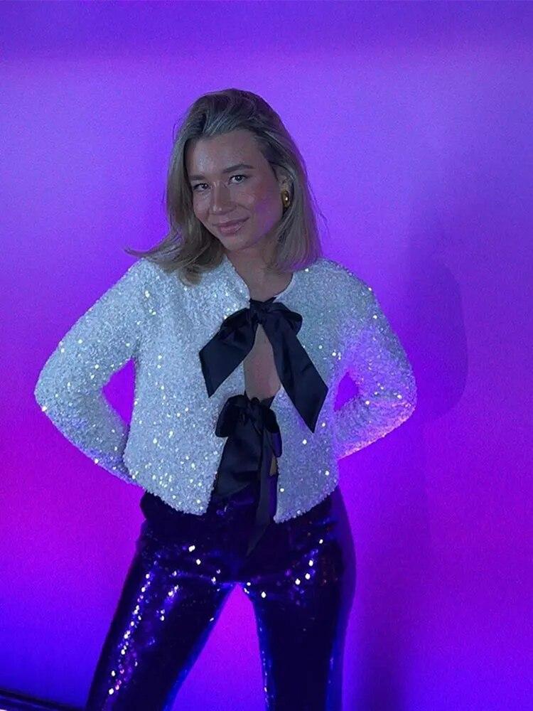 Fashion Sequins Bowknot Lace Up Cropped Coats Women Sexy Long Sleeve Glitter Cardigan Coat Elegant Female Party Club Outerwear