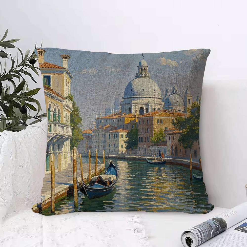 Oil Painting Venice Town Cushion Cover Eco Linen Pillow Case DoubleSided Print Breathable Durable Zipper Home Decor Gift