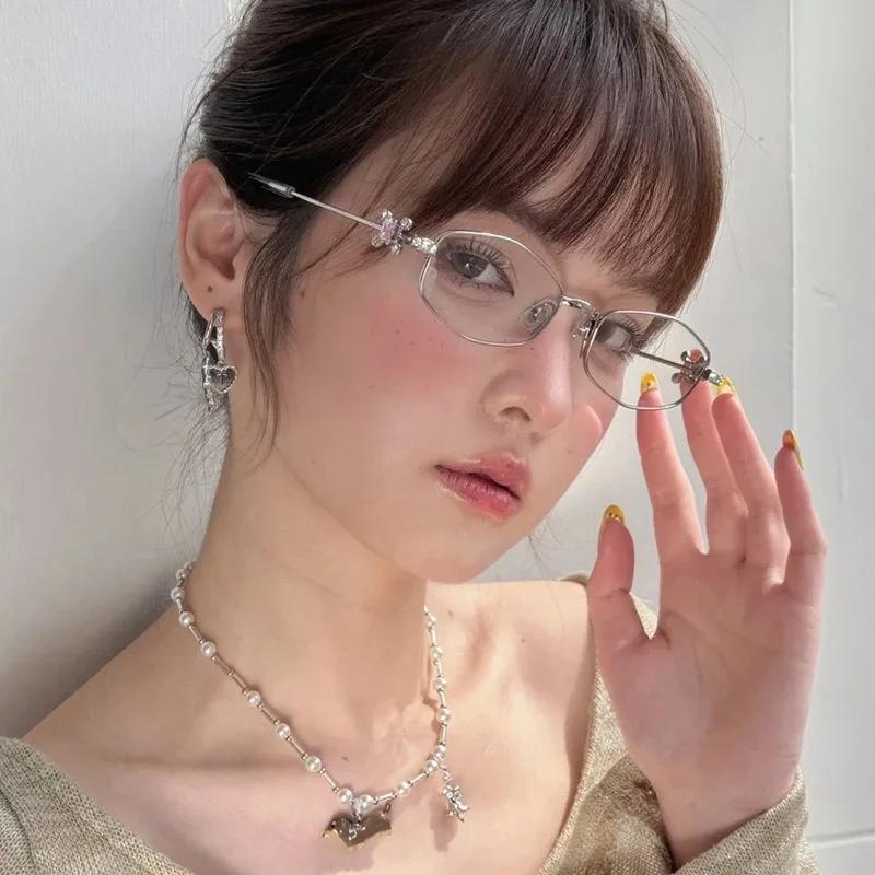 Shiny Rhinestone Metal Eyeglass Frame Women's Gold Wire Thin Frame Fashionable Flat Mirror Trendy Suitable for Daily Matching
