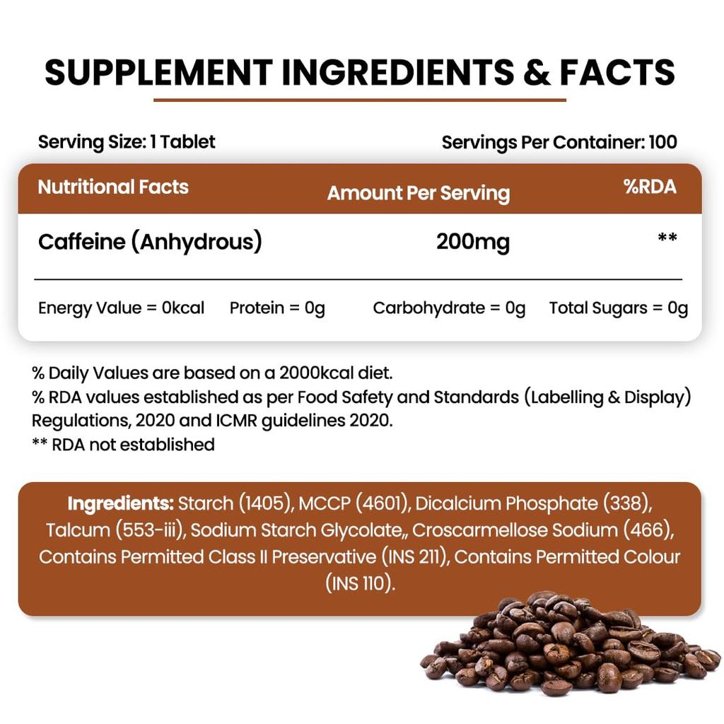 Vlado's Himalayan Organics Caffeine 200mg Tablets For Energy Focus And Pre Workout Support - 100 Veg Tablets