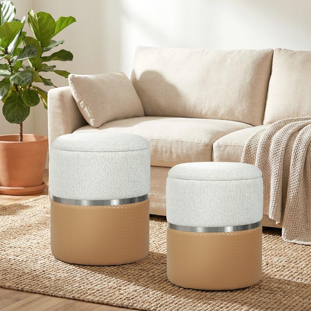 Nesting Round Ottoman with Storage Set of 2 - Cream/Brown