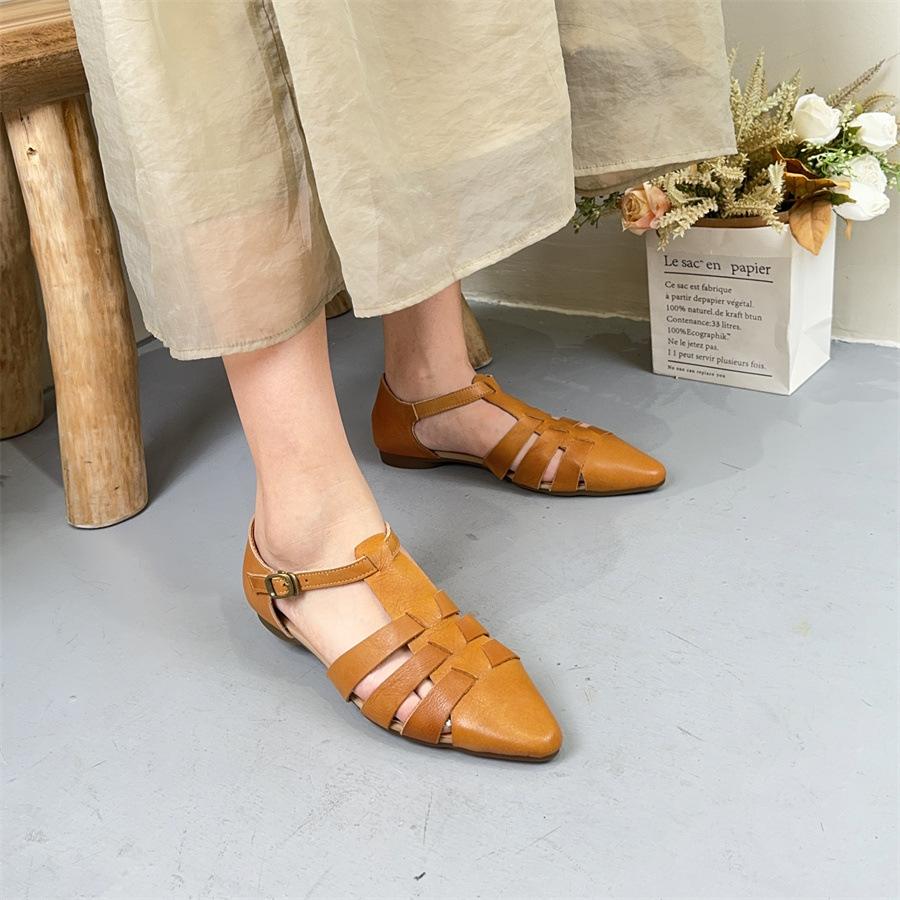 Johnature Kadın Ayakkabıları Hakiki Deri Sivri Burunlu İçi Boş Moda Çok Yönlü Roma Sandaletleri