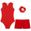 Kids Girls Gymnastics Outfit Keyhole Back Patchwork Sleeveless Glittery Rhinestones Leotard with V-front Waistband Shorts Hair Tie Headwear