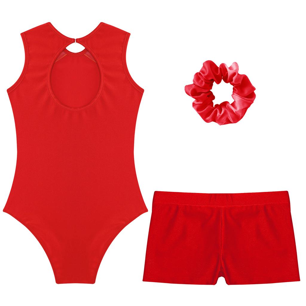 Kids Girls Gymnastics Outfit Keyhole Back Patchwork Sleeveless Glittery Rhinestones Leotard with V-front Waistband Shorts Hair Tie Headwear
