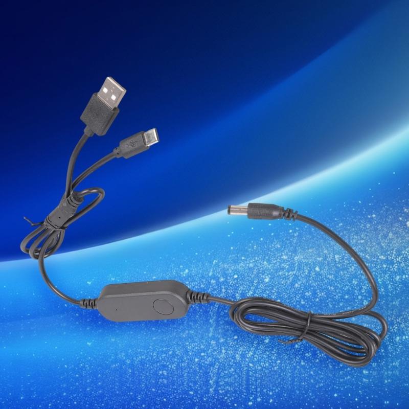 Double Input USB+Type C To 5.5x2.1mm 12V Step Up Converter Cable For Router Camera Lamp Fan With Switching Button