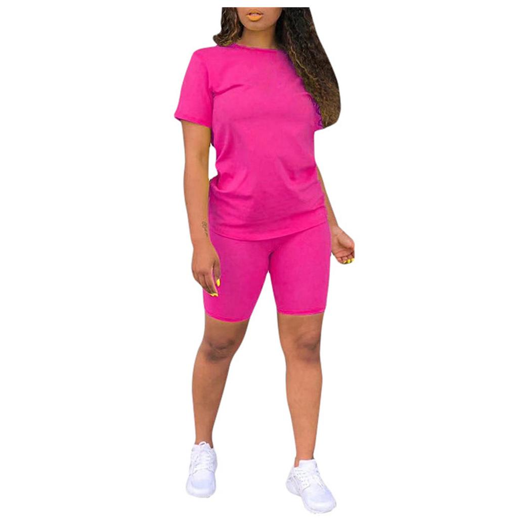 Women's 2 Piece Casual Sports Solid Color Suit Short Sleeve Top And Pants Set